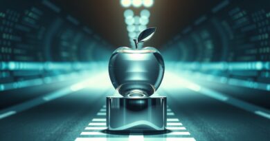 Szklane jabłko na chromowanym bloku startowym, w tle tor wyścigowy i data streams. AI.