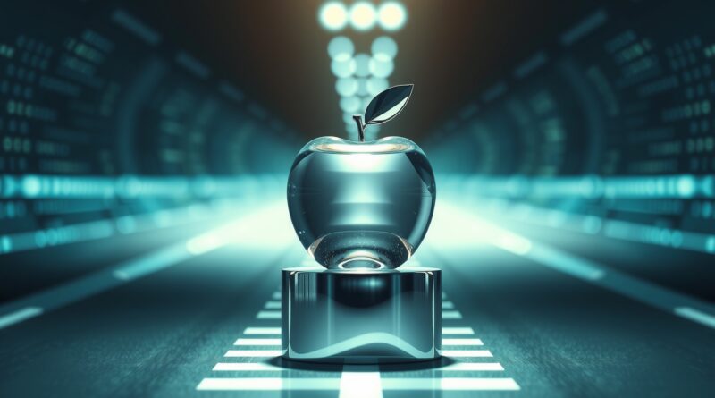 Szklane jabłko na chromowanym bloku startowym, w tle tor wyścigowy i data streams. AI.