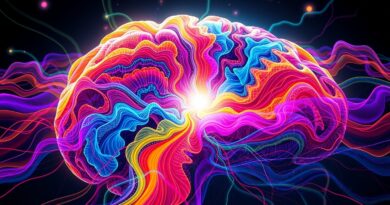 Abstrakcyjny krajobraz mózgu, żywe kolory płynące jak rzeki, symbolizujące eksplorację percepcji AI.