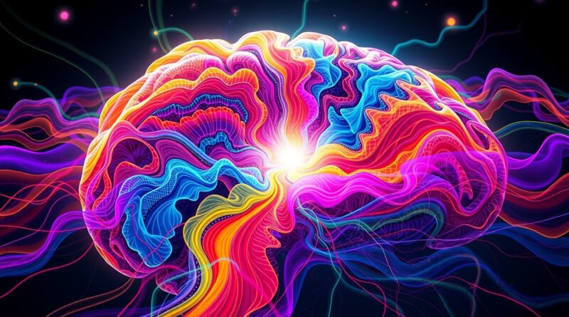 Abstrakcyjny krajobraz mózgu, żywe kolory płynące jak rzeki, symbolizujące eksplorację percepcji AI.