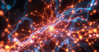 Abstrakcyjna, świetlista sieć neuronowa EBT z głębią kolorów niebieskich, purpurowych i pomarańczowych, symbolizująca złożone myślenie maszyn.