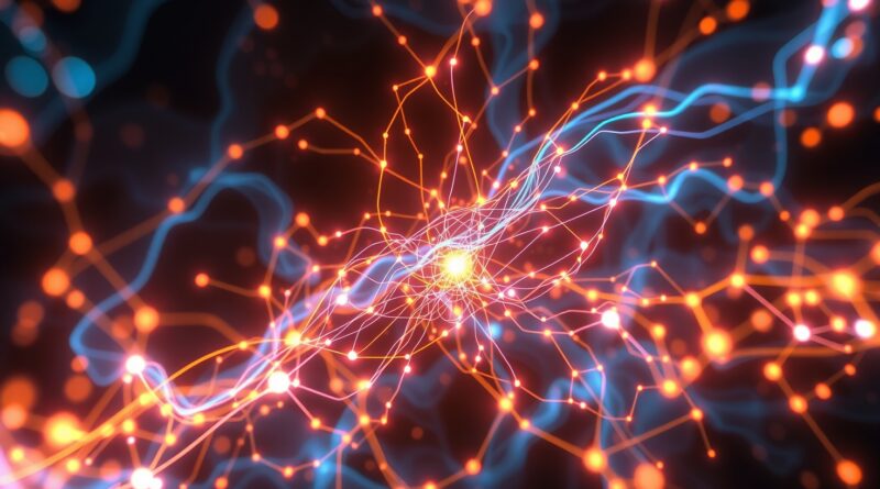 Abstrakcyjna, świetlista sieć neuronowa EBT z głębią kolorów niebieskich, purpurowych i pomarańczowych, symbolizująca złożone myślenie maszyn.