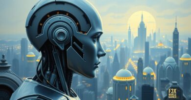 Zamyślony android spogląda na futurystyczne miasto w klimacie melancholijnej wizji człowieka dwustuletniego.