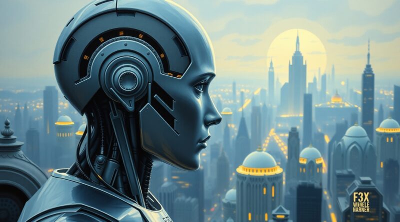 Zamyślony android spogląda na futurystyczne miasto w klimacie melancholijnej wizji człowieka dwustuletniego.