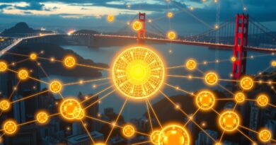 Sieć autonomicznych agentów (świecące orby) spleciona w korporację. W tle San Francisco z Golden Gate.