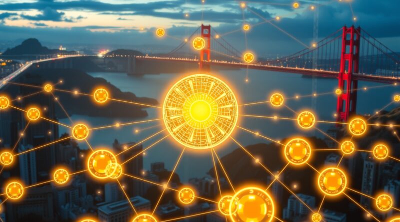 Sieć autonomicznych agentów (świecące orby) spleciona w korporację. W tle San Francisco z Golden Gate.