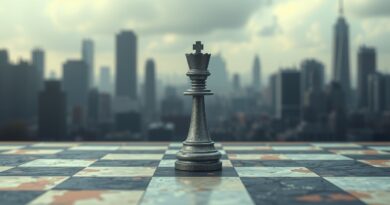 Samotny król szachowy na opustoszałej szachownicy, w tle dystopijne miasto. Symbolika przestarzałości i melancholii w kontekście sztucznej inteligencji.