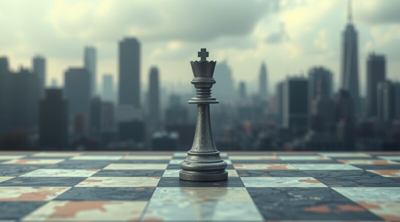 Samotny król szachowy na opustoszałej szachownicy, w tle dystopijne miasto. Symbolika przestarzałości i melancholii w kontekście sztucznej inteligencji.