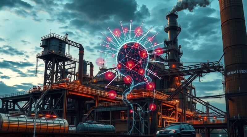 Stalowa konstrukcja spleciona z neuronowymi sieciami. Przemysł ciężki i AI, metaliczne tony i strumienie danych w dynamicznej kompozycji.