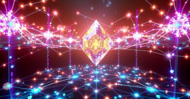 Cyfrowy krajobraz: połączone węzły, strumienie danych i transparentny odłamek 3D reprezentujący immersję w Mawari Network.