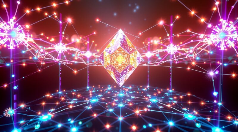 Cyfrowy krajobraz: połączone węzły, strumienie danych i transparentny odłamek 3D reprezentujący immersję w Mawari Network.