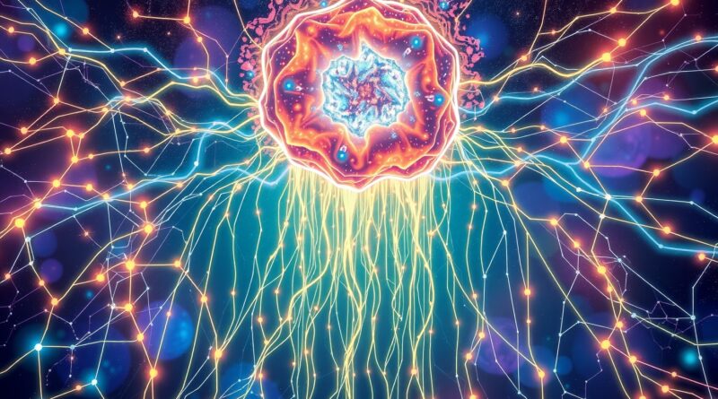 Zdecentralizowana sieć neuronowa, emanująca energią i kolorem, symbolizuje dostępność mocy obliczeniowej dla AI dzięki Clore.ai.