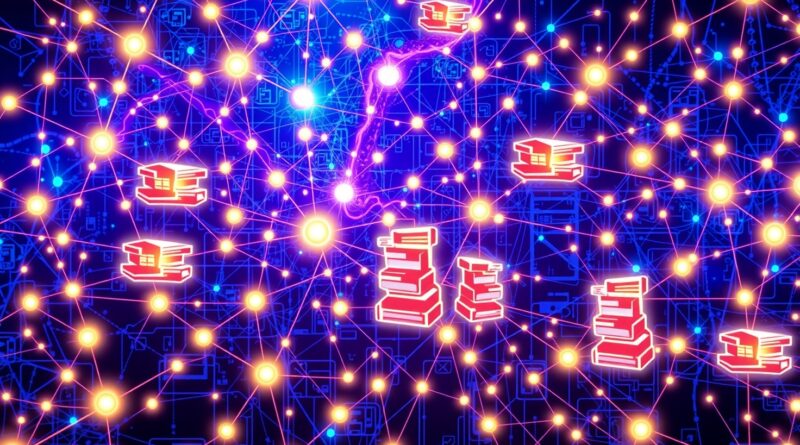 Abstrakcyjna sieć neuronowa symbolizująca AI, przepływ danych i dynamiczne badania naukowe.