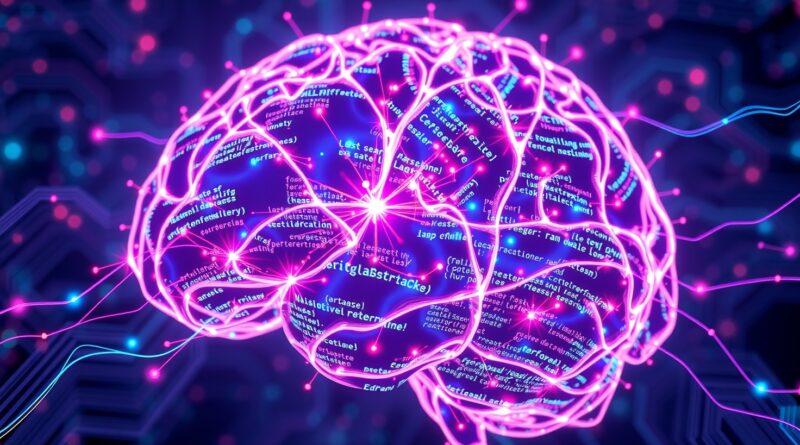 Abstrakcyjna wizualizacja uczenia wzmacnianego w inżynierii oprogramowania, z kodem splecionym z neuronową strukturą.