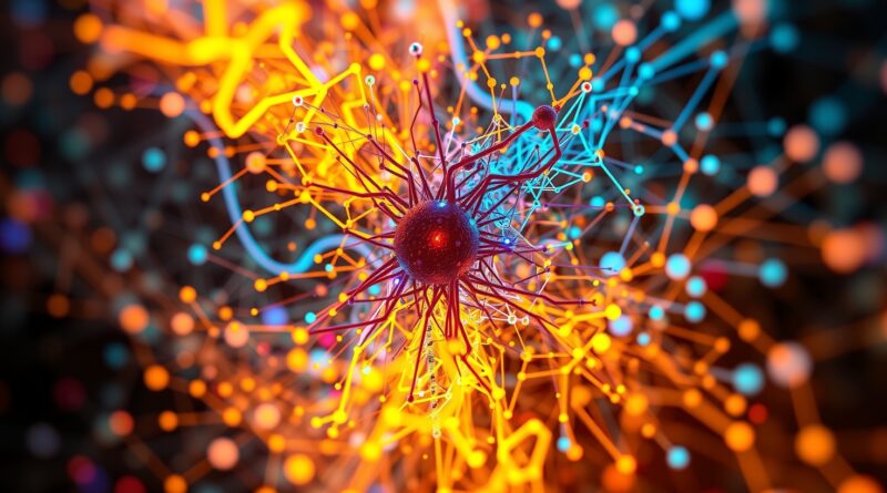 Abstrakcyjna mozaika sieci neuronowych zbiegająca się w świetlistym rdzeniu, symbolizująca model Chimera DeepSeek R1T2.