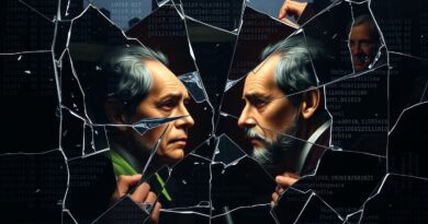 Potłuczone lustro odbija zniekształcone sylwetki polityków i binarny kod, symbolizując ideologiczną cenzurę AI w USA.