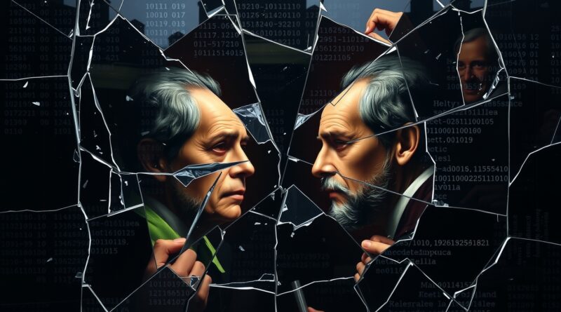 Potłuczone lustro odbija zniekształcone sylwetki polityków i binarny kod, symbolizując ideologiczną cenzurę AI w USA.