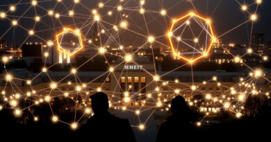 Cyfrowa sieć danych nałożona na nocny kampus MIT, symbolizująca automatyzację zgodności regulacyjnej firmy Delve.