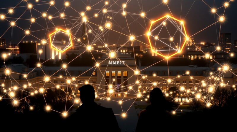 Cyfrowa sieć danych nałożona na nocny kampus MIT, symbolizująca automatyzację zgodności regulacyjnej firmy Delve.