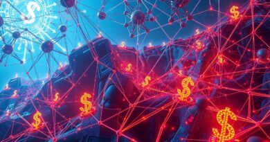 Surrealistyczna sieć danych, autonomiczny kod AI, glitch, potencjał i ryzyko, ukryte motywy dolara.