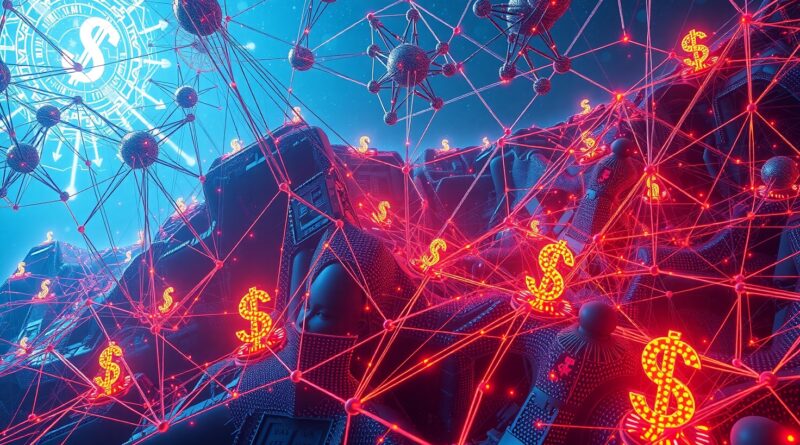 Surrealistyczna sieć danych, autonomiczny kod AI, glitch, potencjał i ryzyko, ukryte motywy dolara.