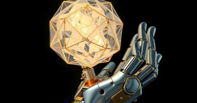 Chromeowa ręka robota delikatnie trzyma geometryczną rzeźbę, symbolizującą precyzję Dex1B UC San Diego.