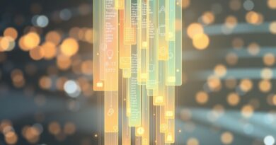 Abstrakcyjna cyfrowa grafika: Kaskada półprzezroczystych, kolorowych zakładek przypominająca cyfrowy wodospad, symbolizująca organizację w Dia Browser.