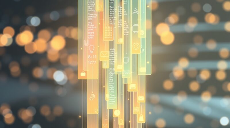 Abstrakcyjna cyfrowa grafika: Kaskada półprzezroczystych, kolorowych zakładek przypominająca cyfrowy wodospad, symbolizująca organizację w Dia Browser.