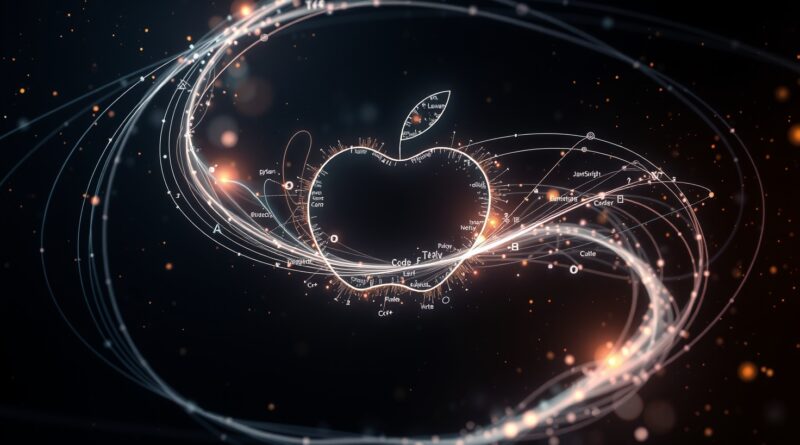 Abstrakcyjna nebula kodu tworząca kształt jabłka, symbolizująca innowacyjne generowanie kodu przez AI.