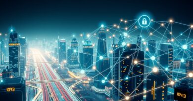 Abstrakcyjna, futurystyczna panorama miasta z sieciami neuronowymi symbolizującymi autonomiczne AI w Intuit i American Express.