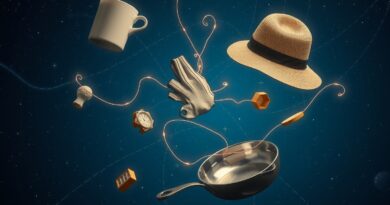 Surrealistyczna kompozycja fragmentów przedmiotów w gwiezdnej przestrzeni. Delikatne linie sugerują całość. Tajemnica percepcji.