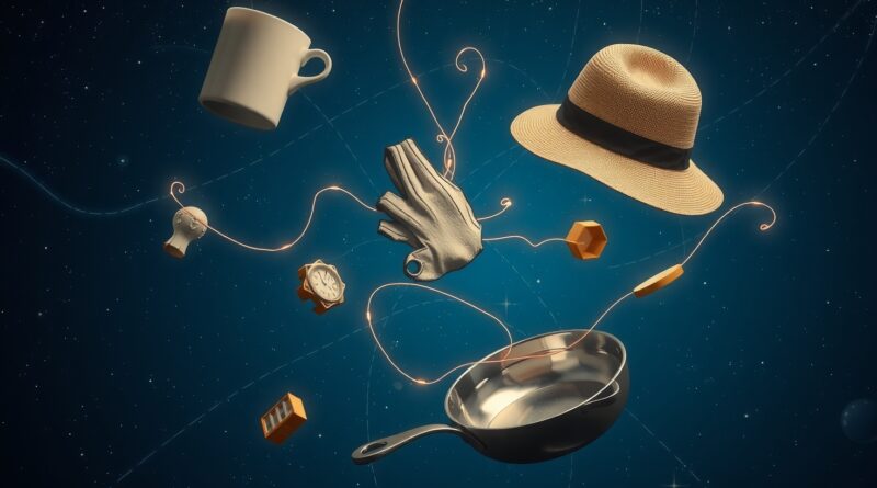 Surrealistyczna kompozycja fragmentów przedmiotów w gwiezdnej przestrzeni. Delikatne linie sugerują całość. Tajemnica percepcji.