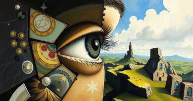 Oko spogląda przez fragmentowany, abstrakcyjny pejzaż. Surrealistyczne, kubistyczne, niekompletne, w stylu impresjonizmu.