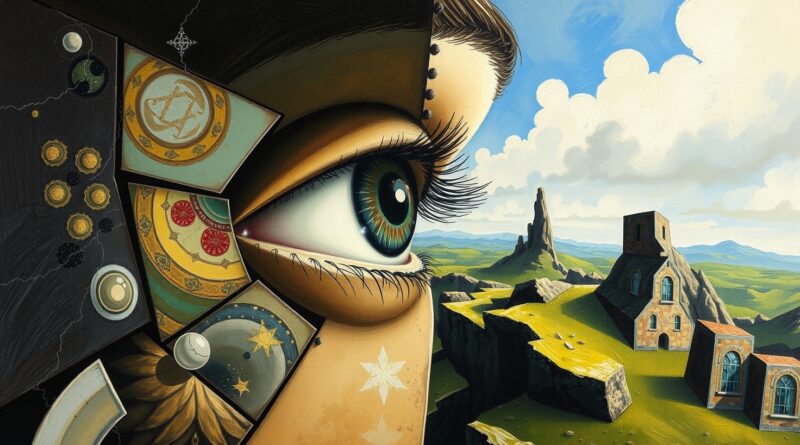 Oko spogląda przez fragmentowany, abstrakcyjny pejzaż. Surrealistyczne, kubistyczne, niekompletne, w stylu impresjonizmu.