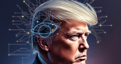 Surrealistyczna wizja: Twarz Trumpa wpleciona w architekturę AI, napięcie między władzą a technologią.