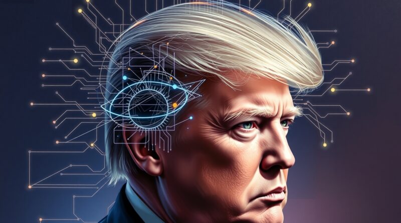 Surrealistyczna wizja: Twarz Trumpa wpleciona w architekturę AI, napięcie między władzą a technologią.