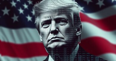 Donald Trump w binarnym kodzie i obwodach scalonych, na tle flagi USA. AI i polityka.