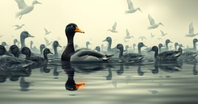 Samotna kaczka płynie pod prąd pikselowych, zniekształconych obrazów. Refleksja kaczki ostra, kontrastuje z abstrakcją innych ptaków.