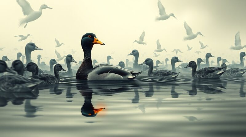 Samotna kaczka płynie pod prąd pikselowych, zniekształconych obrazów. Refleksja kaczki ostra, kontrastuje z abstrakcją innych ptaków.