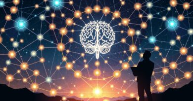 Stylizowana sieć neuronowa jako konstelacje, z sylwetką Elona Muska, wizualizująca inteligencję Grok 4.