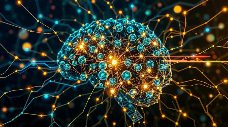 Abstrakcyjna grafika: mózg jako sieć neuronowa, przepływ informacji, sztuczna inteligencja i wpływ na rynek pracy.