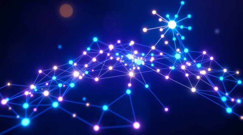 Dynamiczna sieć danych: pulsujące węzły w odcieniach niebieskiego i fioletu symbolizują przepływ informacji.