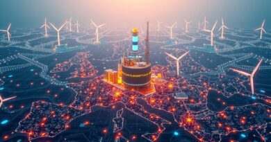 Cyfrowa Europa z fabryką AI w centrum, zasilana odnawialną energią. Symbol innowacji i postępu technologicznego.