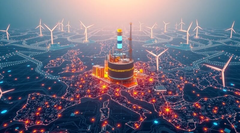 Cyfrowa Europa z fabryką AI w centrum, zasilana odnawialną energią. Symbol innowacji i postępu technologicznego.