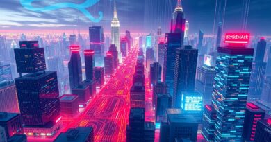 Futurystyczna panorama miasta-sieci neuronowej, odzwierciedlająca ewolucję modeli językowych w kodowaniu, z neonami prezentującymi benchmarki.