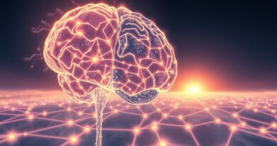 Świecący mózg rozpadający się na sieci neuronowe, łączące się w blask na horyzoncie. Symbol ewolucji AI.