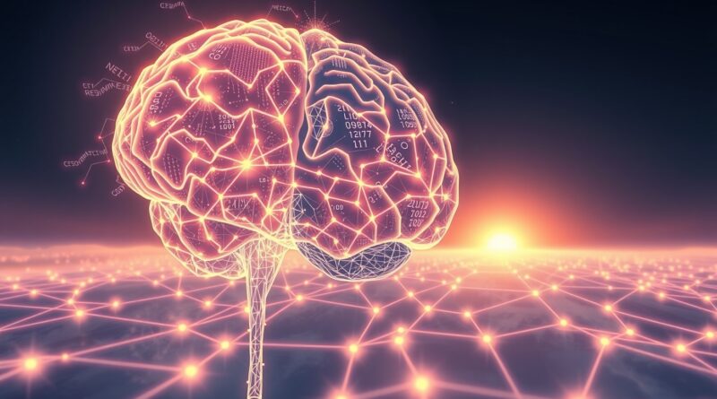 Świecący mózg rozpadający się na sieci neuronowe, łączące się w blask na horyzoncie. Symbol ewolucji AI.