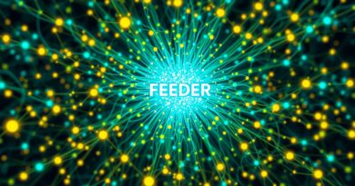 Abstrakcyjna sieć neuronowa FEEDER z promienistym rdzeniem, w kolorach niebieskim, zielonym i żółtym.