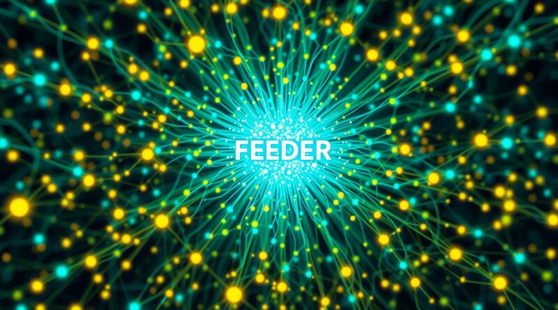 Abstrakcyjna sieć neuronowa FEEDER z promienistym rdzeniem, w kolorach niebieskim, zielonym i żółtym.