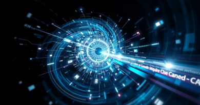 Abstrakcyjne oko AI z wiru światła i danych, symbolizujące szybkie przetwarzanie wizualne przez model FastVLM Apple.